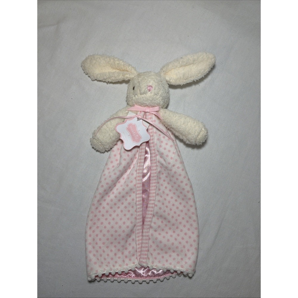 Mud Pie Pink Bunny Lovey Blanket 16" Plush Satin Polka Dot Trim For Baby NWT